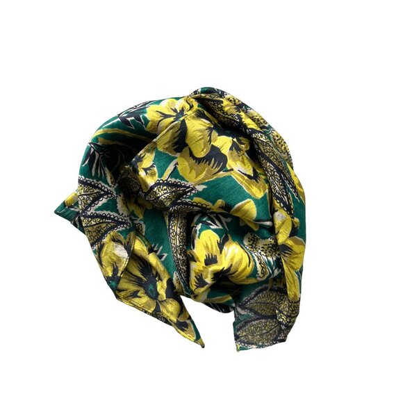 Vintage Floral Print Rectangular Scarf 25" Square Green Yellow Lightweight Soft - Picture 2 of 3